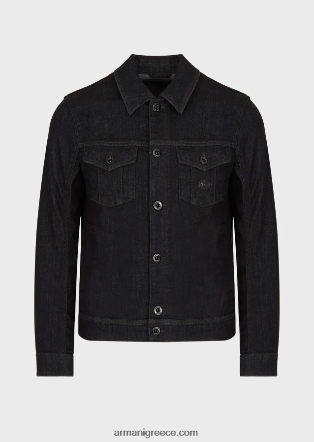 άνδρες Armani τζιν μπουφάν πλυσίματος με έμπλαστρο με λογότυπο 4046R61328 μαύρος