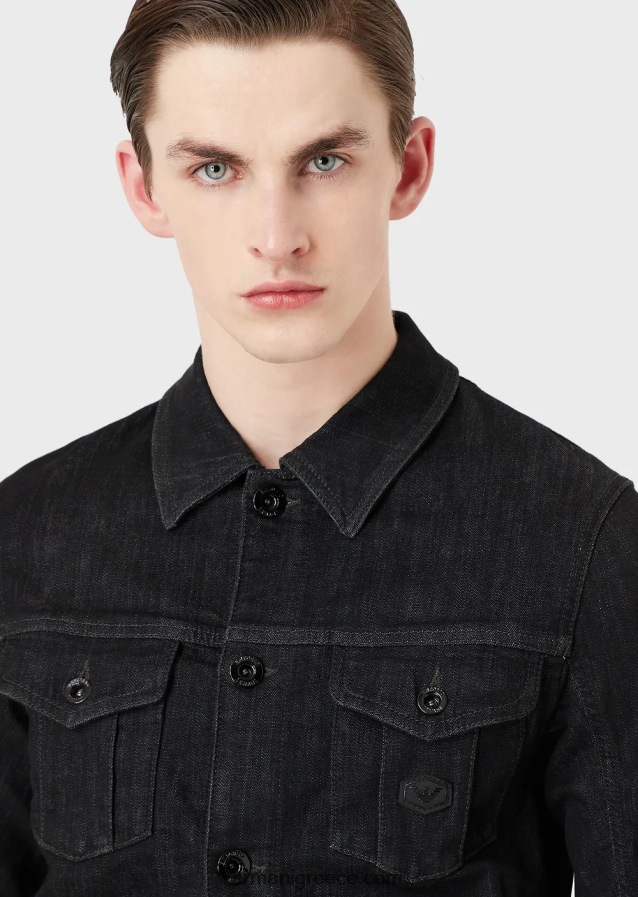 άνδρες Armani τζιν μπουφάν πλυσίματος με έμπλαστρο με λογότυπο 4046R61328 μαύρος