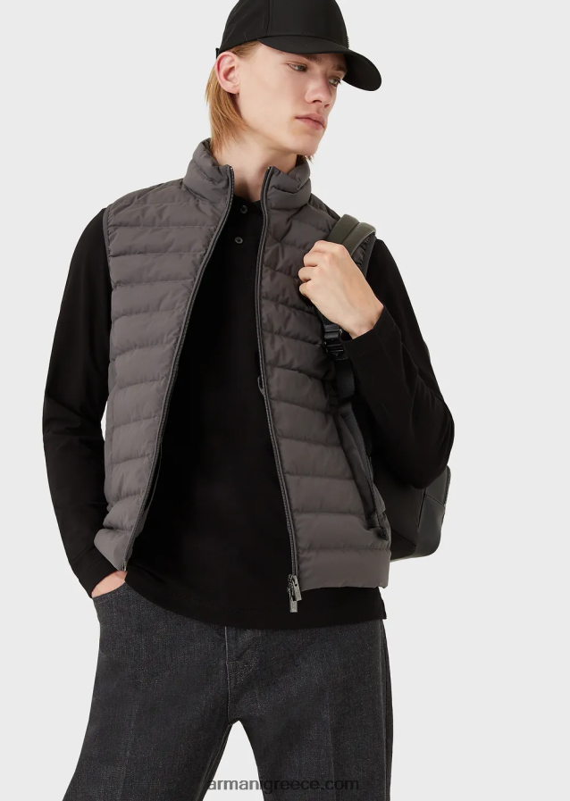 άνδρες Armani καπιτονέ νάιλον αμάνικο πουπουλένιο μπουφάν 4046R61332 σκούρο γκρίζο