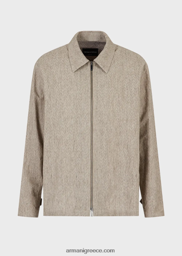 άνδρες Armani λινό μπλουζάκι με φερμουάρ με μοτίβο διάτρητο σεβρόν 4046R61337 μπεζ
