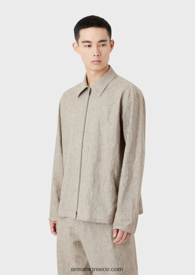 άνδρες Armani λινό μπλουζάκι με φερμουάρ με μοτίβο διάτρητο σεβρόν 4046R61337 μπεζ