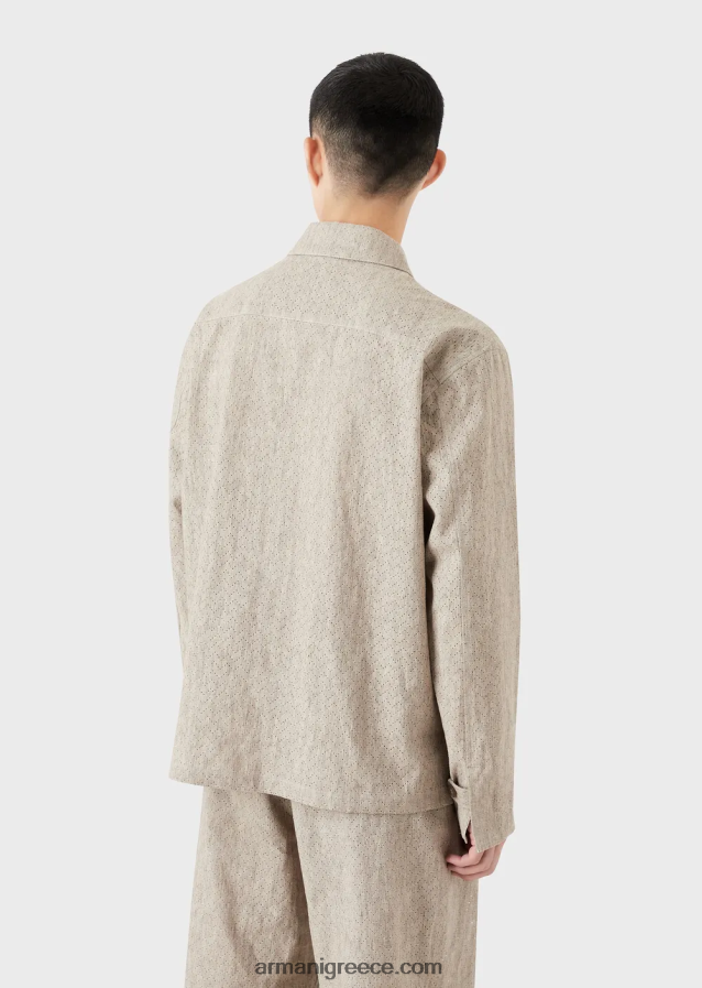 άνδρες Armani λινό μπλουζάκι με φερμουάρ με μοτίβο διάτρητο σεβρόν 4046R61337 μπεζ