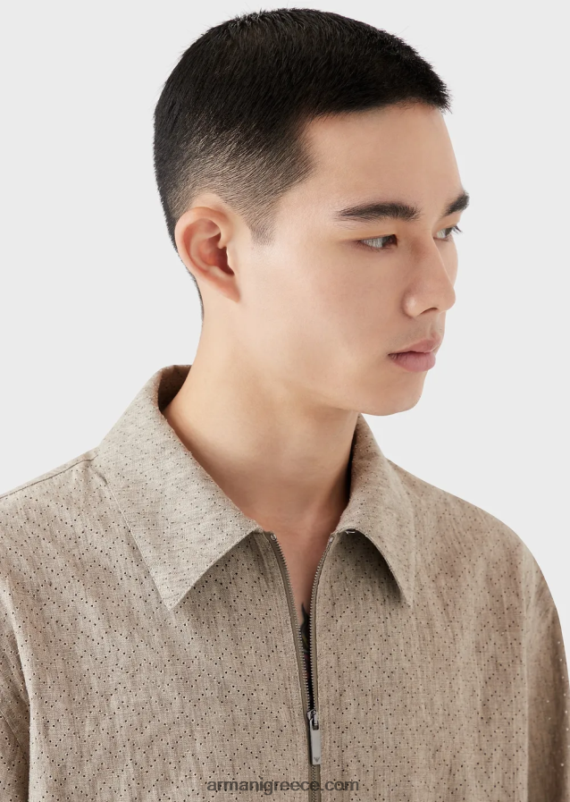 άνδρες Armani λινό μπλουζάκι με φερμουάρ με μοτίβο διάτρητο σεβρόν 4046R61337 μπεζ