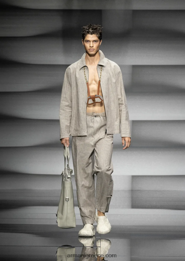 άνδρες Armani λινό μπλουζάκι με φερμουάρ με μοτίβο διάτρητο σεβρόν 4046R61337 μπεζ