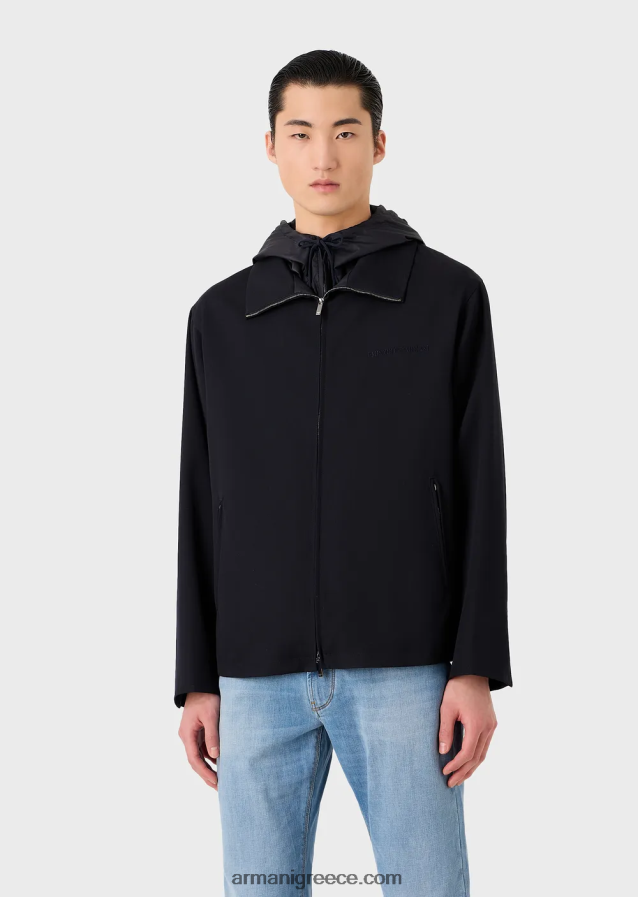 άνδρες Armani Μπλούζον με κουκούλα με φερμουάρ σε τραγανή παρθένο μάλλινη γαμπαρντίνα 4046R61341 ναυτικό μπλε