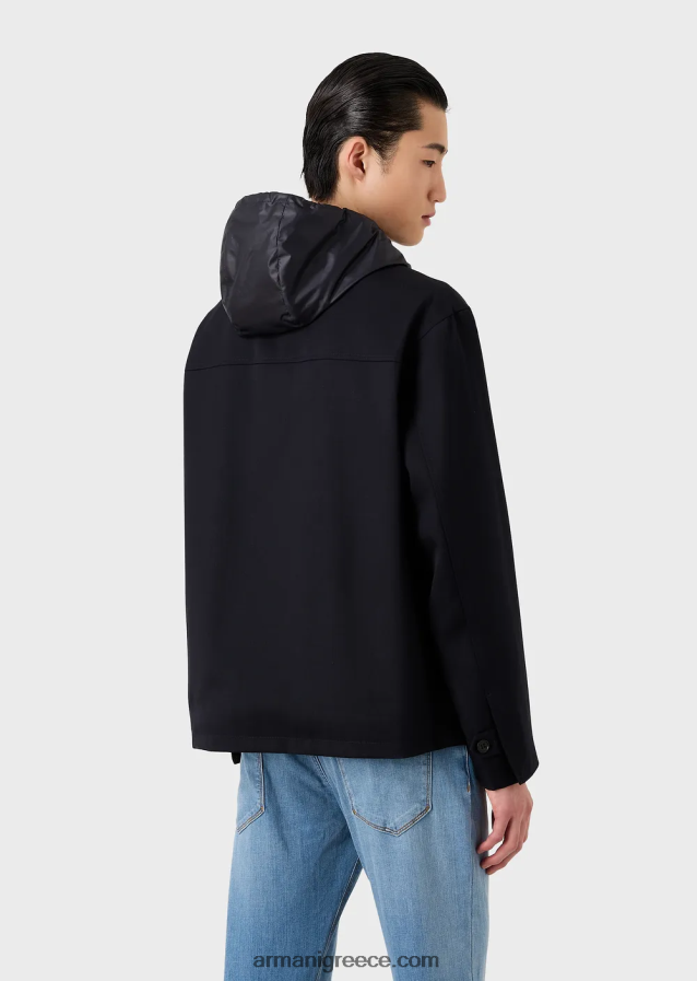 άνδρες Armani Μπλούζον με κουκούλα με φερμουάρ σε τραγανή παρθένο μάλλινη γαμπαρντίνα 4046R61341 ναυτικό μπλε