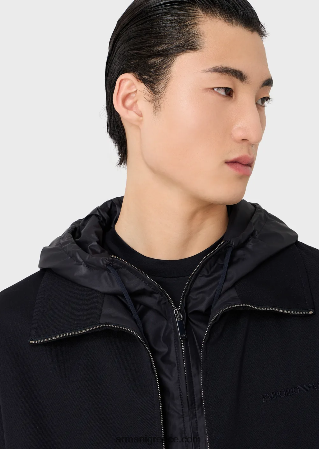 άνδρες Armani Μπλούζον με κουκούλα με φερμουάρ σε τραγανή παρθένο μάλλινη γαμπαρντίνα 4046R61341 ναυτικό μπλε