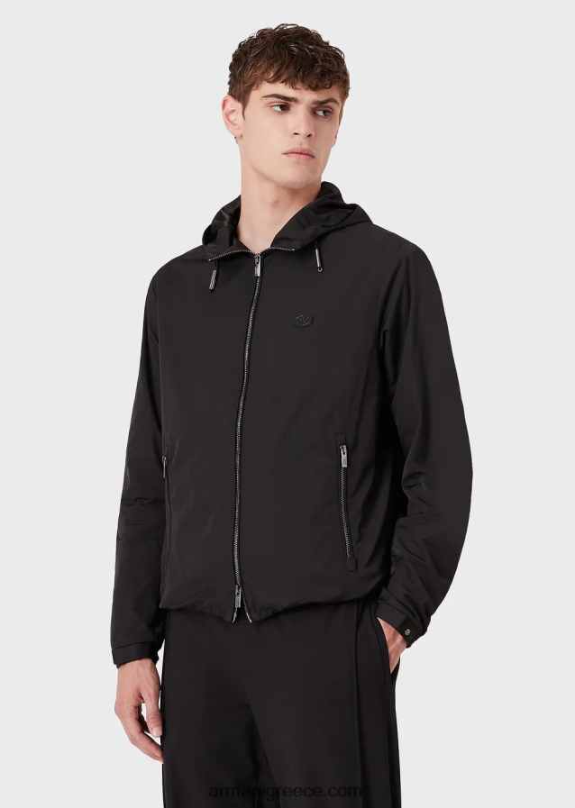 άνδρες Armani υδατοαπωθητικό νάιλον μπλούζον με κουκούλα και έμπλαστρο με λογότυπο 4046R61342 μαύρος