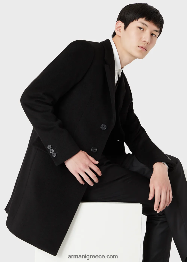 άνδρες Armani παλτό με πέτα από κασμίρ κάστορας 4046R61355 μαύρος