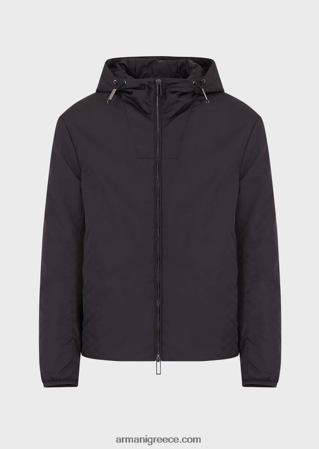 άνδρες Armani νάιλον μπουφάν με κουκούλα και μονόγραμμα ζακάρ 4046R61358 μαύρος