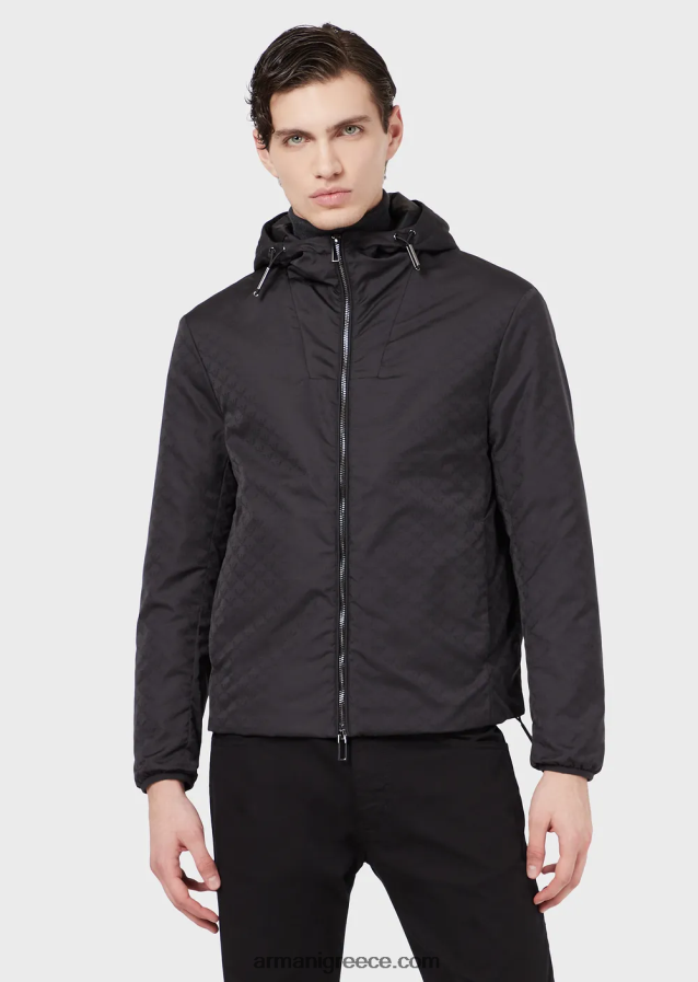 άνδρες Armani νάιλον μπουφάν με κουκούλα και μονόγραμμα ζακάρ 4046R61358 μαύρος