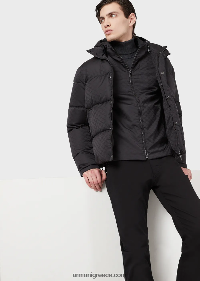 άνδρες Armani νάιλον μπουφάν με κουκούλα και μονόγραμμα ζακάρ 4046R61358 μαύρος