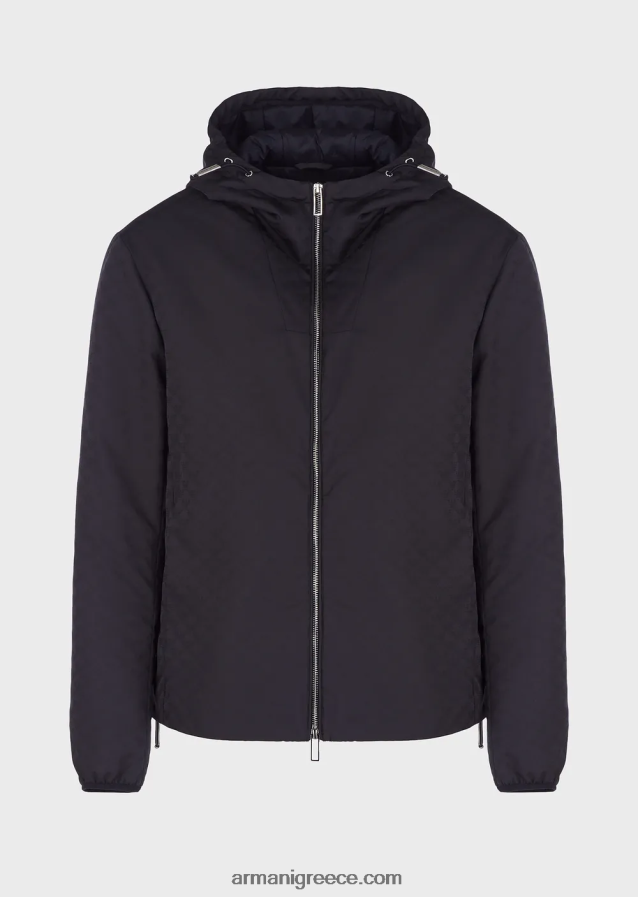 άνδρες Armani νάιλον μπουφάν με κουκούλα και μονόγραμμα ζακάρ 4046R61359 μεσάνυχτα μπλε