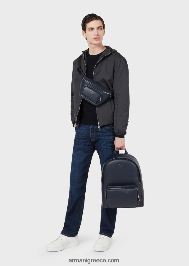 άνδρες Armani νάιλον μπουφάν με κουκούλα και μονόγραμμα ζακάρ 4046R61359 μεσάνυχτα μπλε