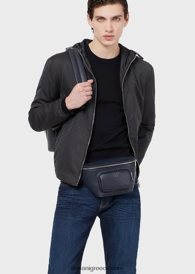 άνδρες Armani νάιλον μπουφάν με κουκούλα και μονόγραμμα ζακάρ 4046R61359 μεσάνυχτα μπλε