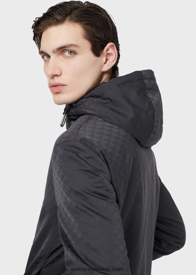 άνδρες Armani νάιλον μπουφάν με κουκούλα και μονόγραμμα ζακάρ 4046R61359 μεσάνυχτα μπλε