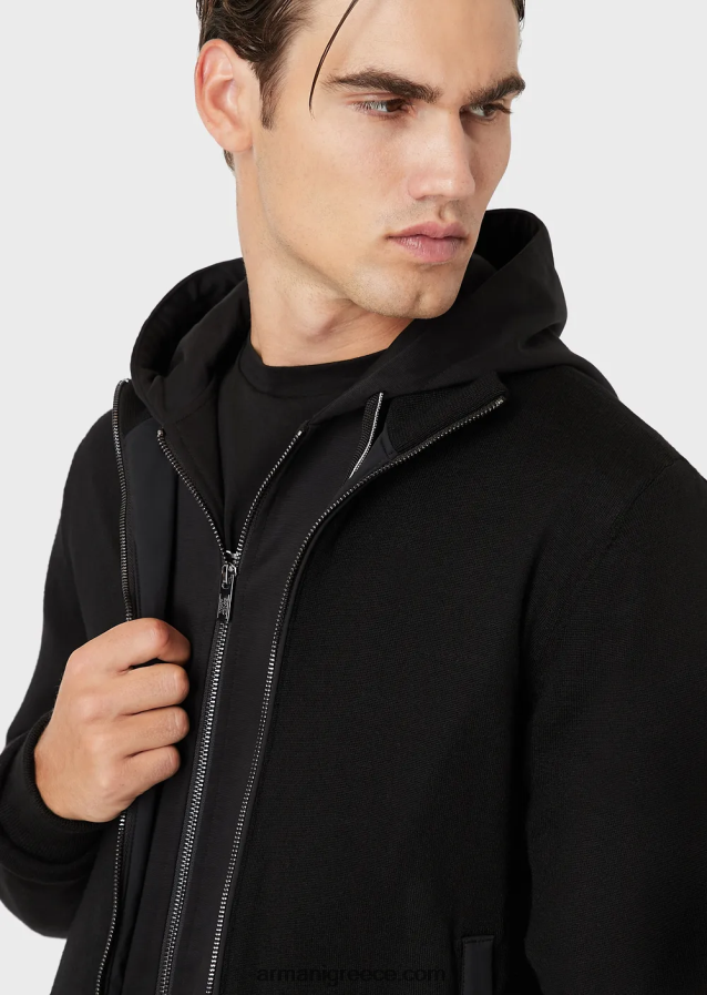 άνδρες Armani καπιτονέ νάιλον και πλεκτή αναστρέψιμη μπλούζα με έμπλαστρο με λογότυπο 4046R61360 μαύρος