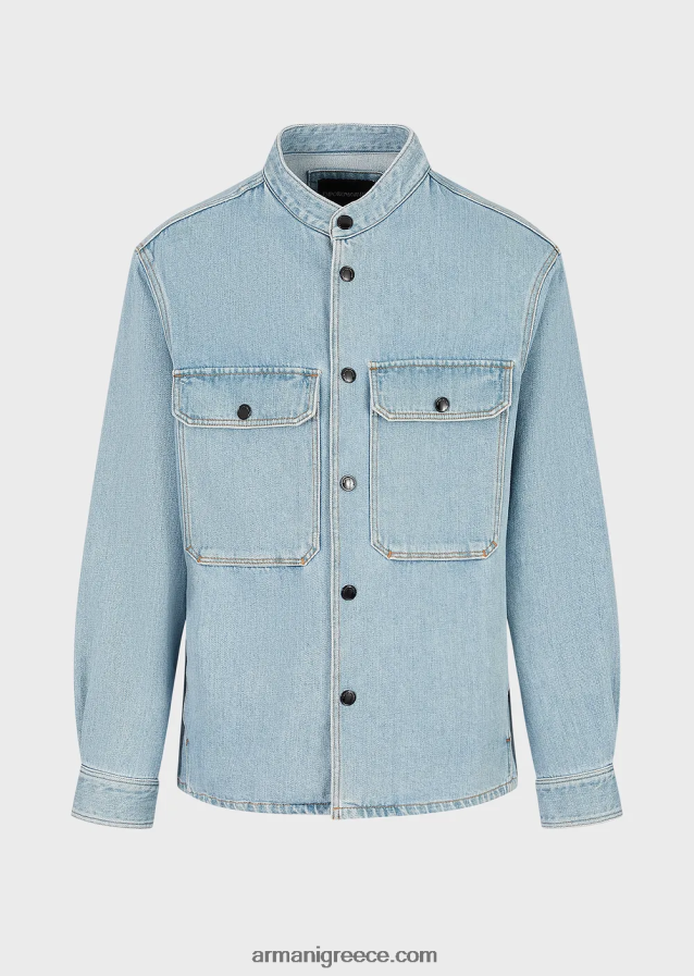 άνδρες Armani Τζιν μπουφάν από μείγμα κάνναβης με γιακά nehru 4046R61319 γαλάζιο