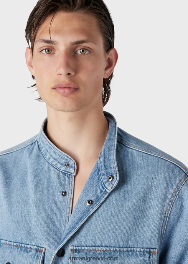 άνδρες Armani Τζιν μπουφάν από μείγμα κάνναβης με γιακά nehru 4046R61319 γαλάζιο