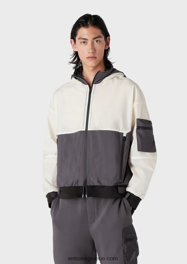 άνδρες Armani Ταξιδιωτικά είδη πρώτης ανάγκης ripstop νάιλον μπλούζα με κουκούλα με πεντακάθαρη αίσθηση 4046R61306 άσπρο