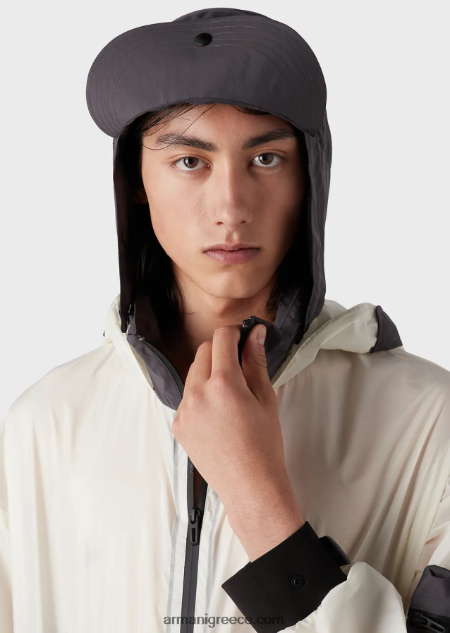 άνδρες Armani Ταξιδιωτικά είδη πρώτης ανάγκης ripstop νάιλον μπλούζα με κουκούλα με πεντακάθαρη αίσθηση 4046R61306 άσπρο