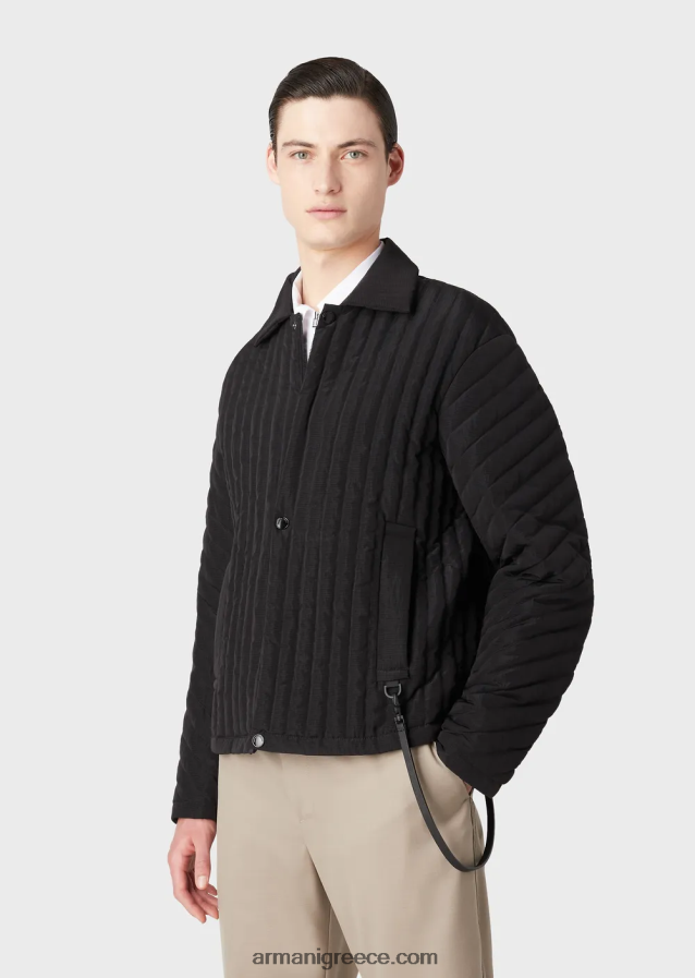 άνδρες Armani υδατοαπωθητικό πουπουλένιο μπουφάν από καπιτονέ ανακυκλωμένο ripstop νάιλον 4046R61311 μαύρος