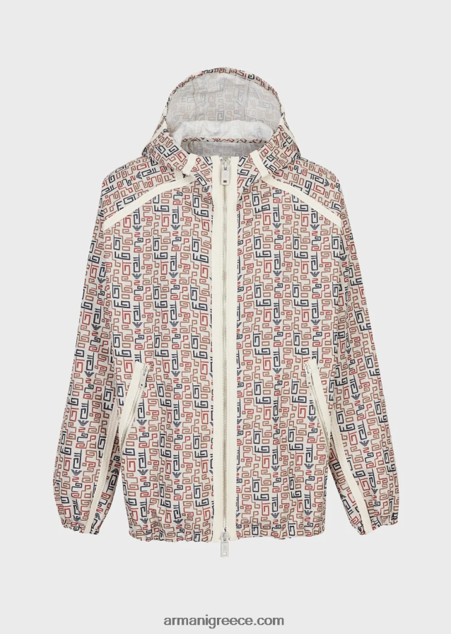 άνδρες Armani βιώσιμη κολεξιόν μπλούζον με φερμουάρ και κουκούλα σε οργανικό ripstop με στάμπα παντού 4046R61349