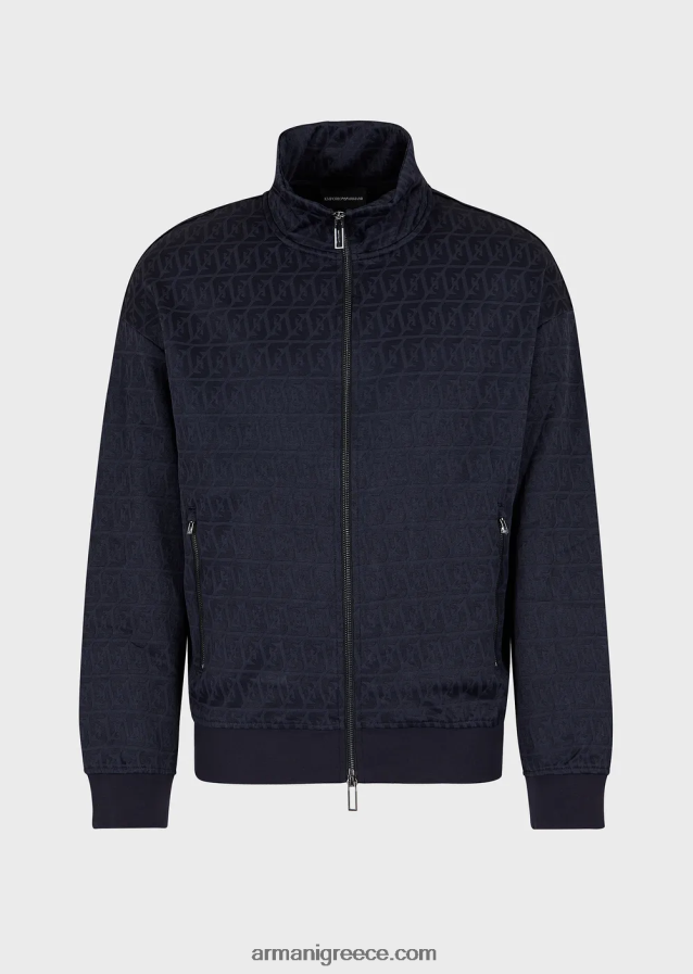 άνδρες Armani φούτερ ζέρσεϊ με φερμουάρ με ανάγλυφο ζακάρ στυλιζαρισμένο αετό και κέντημα με λογότυπο 4046R61398 ναυτικό μπλε
