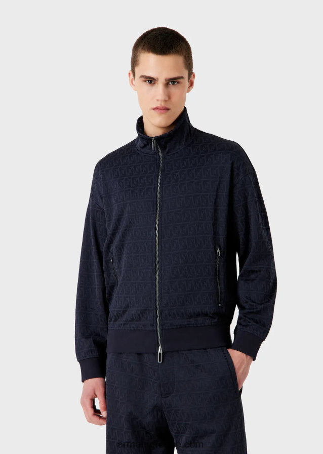άνδρες Armani φούτερ ζέρσεϊ με φερμουάρ με ανάγλυφο ζακάρ στυλιζαρισμένο αετό και κέντημα με λογότυπο 4046R61398 ναυτικό μπλε