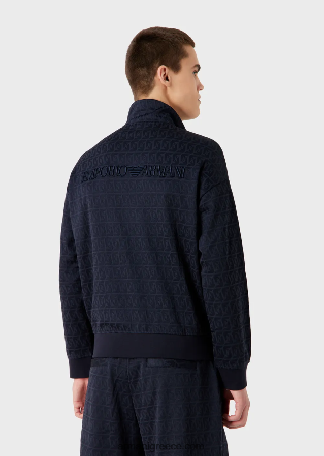 άνδρες Armani φούτερ ζέρσεϊ με φερμουάρ με ανάγλυφο ζακάρ στυλιζαρισμένο αετό και κέντημα με λογότυπο 4046R61398 ναυτικό μπλε