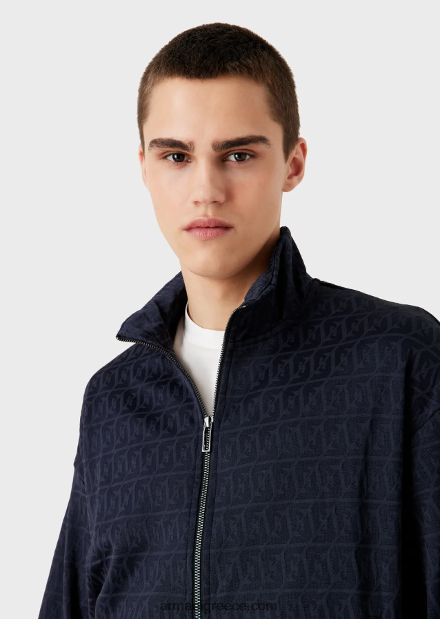 άνδρες Armani φούτερ ζέρσεϊ με φερμουάρ με ανάγλυφο ζακάρ στυλιζαρισμένο αετό και κέντημα με λογότυπο 4046R61398 ναυτικό μπλε