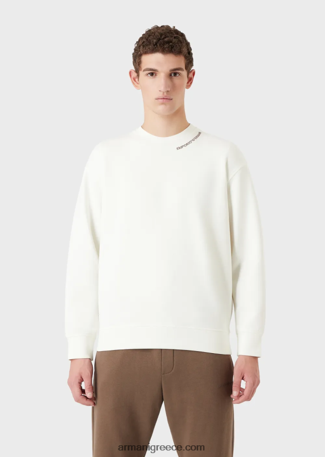 άνδρες Armani φούτερ διπλό ζέρσεϊ με κέντημα λογότυπου στη λαιμόκοψη 4046R61414 άσπρο