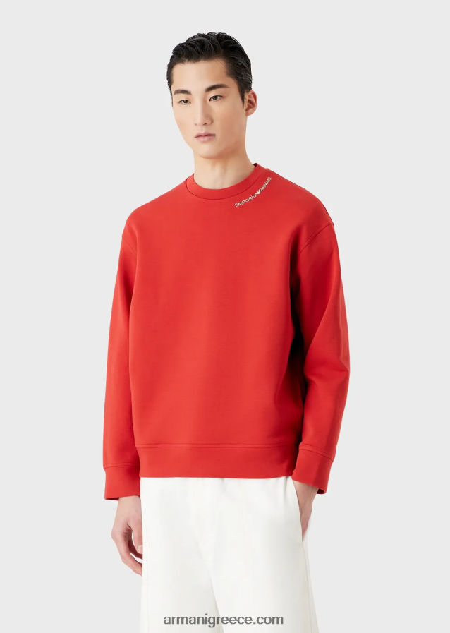άνδρες Armani φούτερ διπλό ζέρσεϊ με κέντημα λογότυπου στη λαιμόκοψη 4046R61415 το κόκκινο