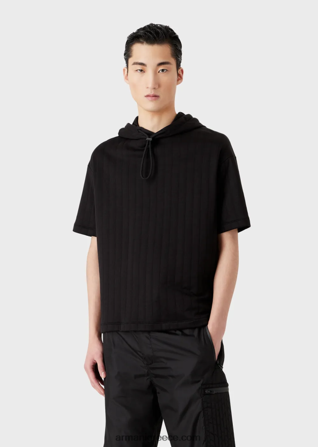 άνδρες Armani κοντομάνικο φούτερ με κουκούλα σε καπιτονέ φανέλα 4046R61427 μαύρος