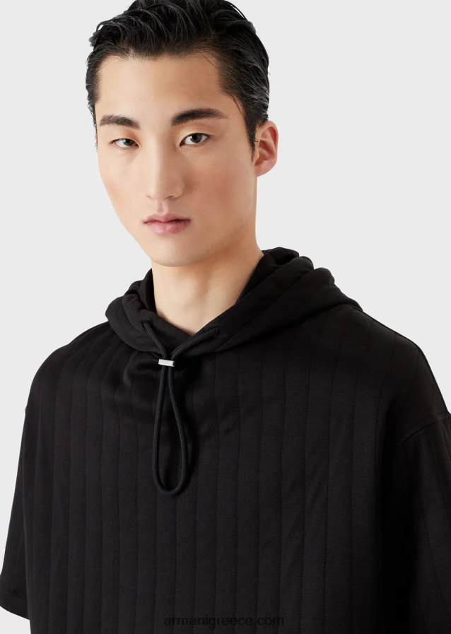 άνδρες Armani κοντομάνικο φούτερ με κουκούλα σε καπιτονέ φανέλα 4046R61427 μαύρος