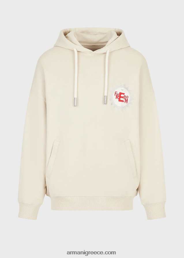 άνδρες Armani Φούτερ βιώσιμης συλλογής με κουκούλα με μπάλωμα από βιολογικό βαμβάκι από δέρμα ροδακινί 4046R61433 μπεζ