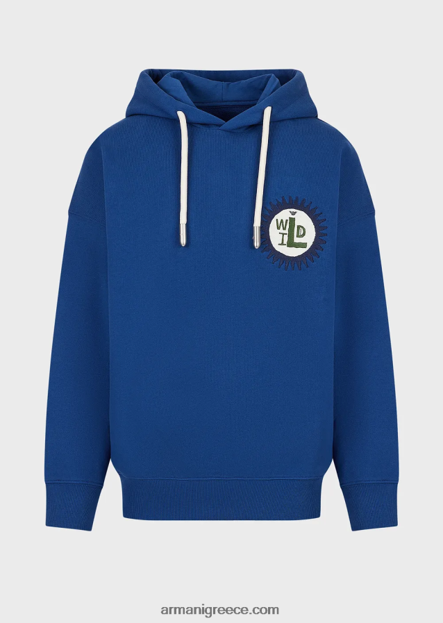 άνδρες Armani Φούτερ βιώσιμης συλλογής με κουκούλα με μπάλωμα από βιολογικό βαμβάκι από δέρμα ροδακινί 4046R61434 μπλε