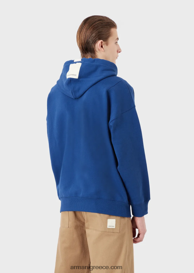 άνδρες Armani Φούτερ βιώσιμης συλλογής με κουκούλα με μπάλωμα από βιολογικό βαμβάκι από δέρμα ροδακινί 4046R61434 μπλε