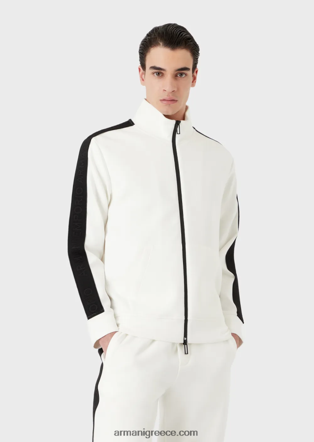 άνδρες Armani Φούτερ με διπλή φανέλα με φερμουάρ και ταινία με λογότυπο 4046R61437 άσπρο