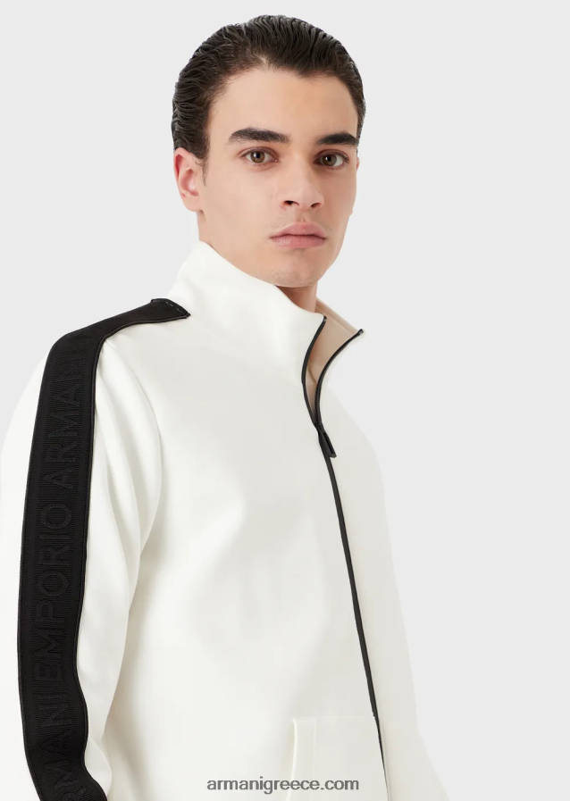 άνδρες Armani Φούτερ με διπλή φανέλα με φερμουάρ και ταινία με λογότυπο 4046R61437 άσπρο