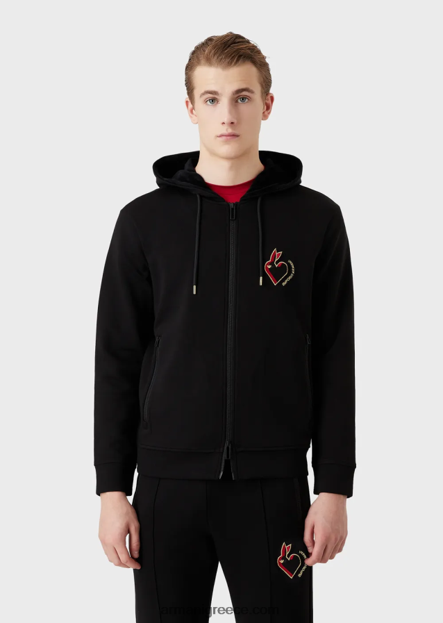 άνδρες Armani Φούτερ με φερμουάρ με κουκούλα διπλής φανέλας με κέντημα κουνελιού 4046R61444 μαύρος