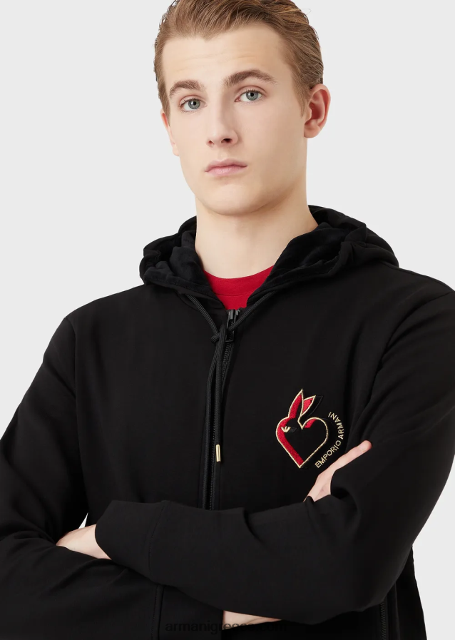 άνδρες Armani Φούτερ με φερμουάρ με κουκούλα διπλής φανέλας με κέντημα κουνελιού 4046R61444 μαύρος