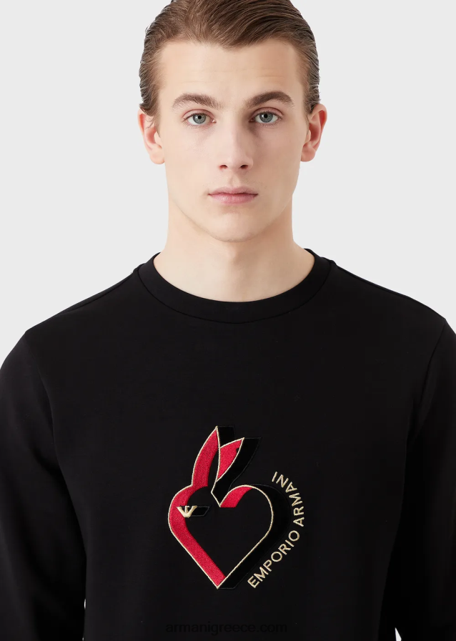 άνδρες Armani φούτερ διπλό ζέρσεϊ με κουνέλι κέντημα 4046R61445 μαύρος