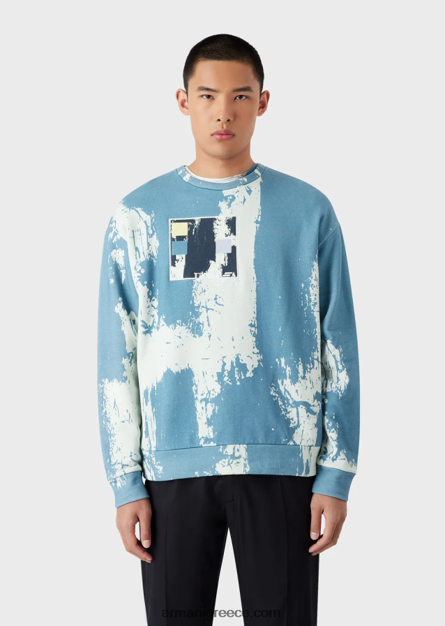 άνδρες Armani φούτερ με στάμπα με μελάνι παντού με κέντημα λογότυπου 4046R61572 γαλανός