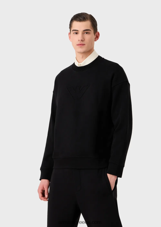 άνδρες Armani φούτερ με βαρύ ζέρσεϊ με υπερμεγέθη ανάγλυφο λογότυπο 4046R61577 μαύρος