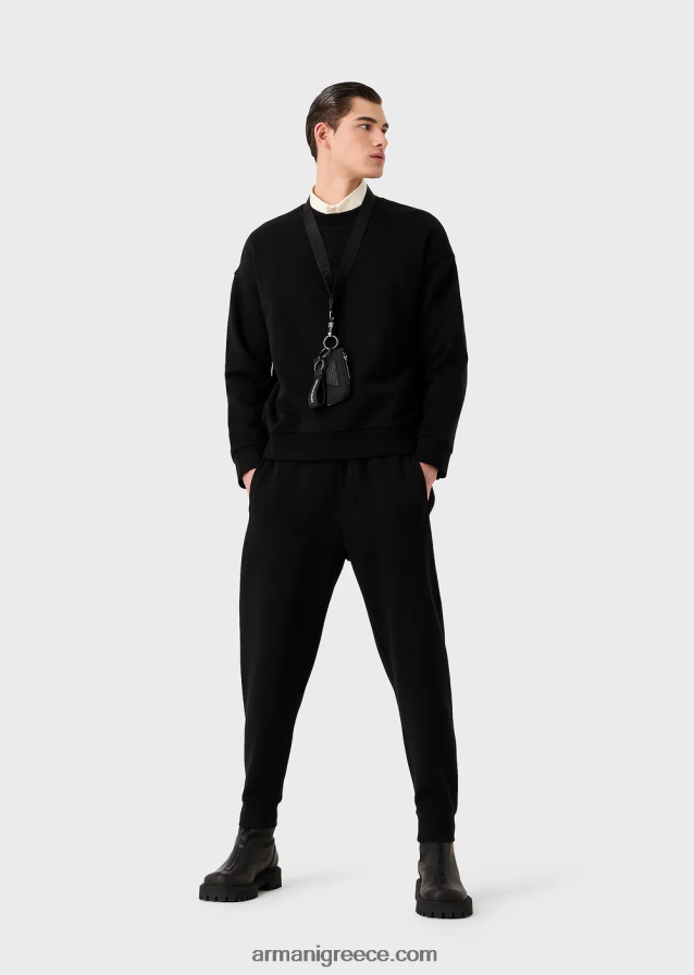 άνδρες Armani φούτερ με βαρύ ζέρσεϊ με υπερμεγέθη ανάγλυφο λογότυπο 4046R61577 μαύρος