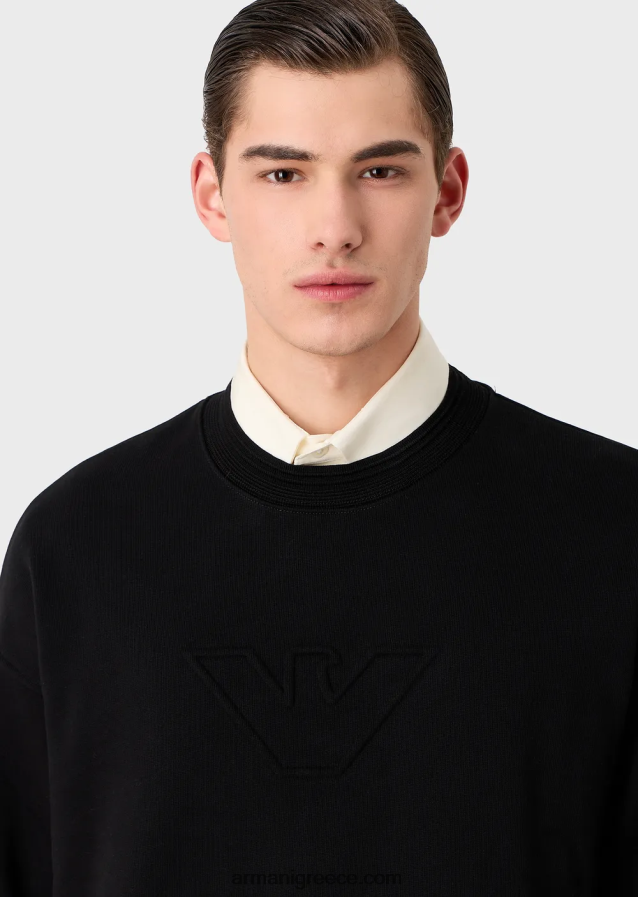 άνδρες Armani φούτερ με βαρύ ζέρσεϊ με υπερμεγέθη ανάγλυφο λογότυπο 4046R61577 μαύρος