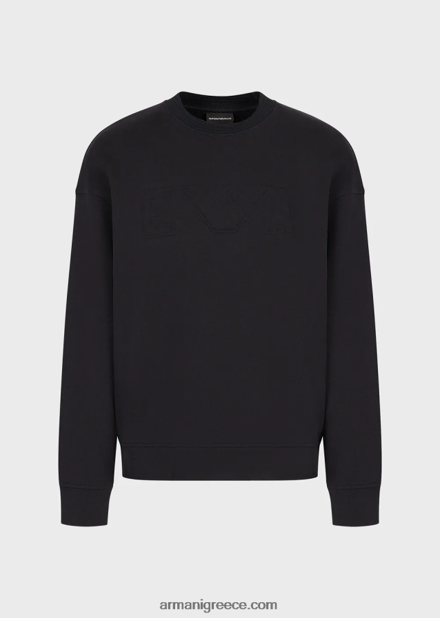 άνδρες Armani φούτερ με βαρύ ζέρσεϊ με υπερμεγέθη ανάγλυφο λογότυπο 4046R61578 ναυτικό μπλε