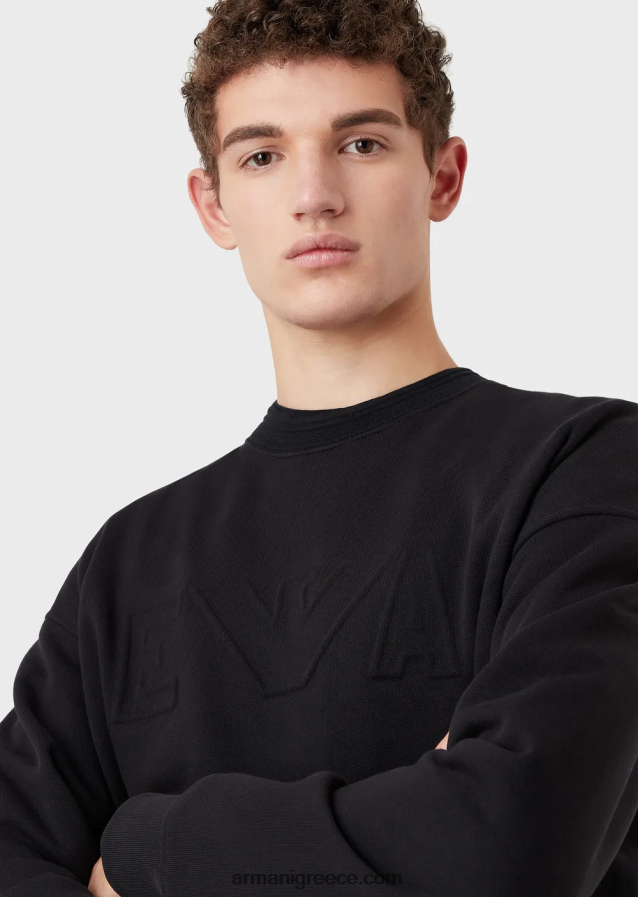 άνδρες Armani φούτερ με βαρύ ζέρσεϊ με υπερμεγέθη ανάγλυφο λογότυπο 4046R61578 ναυτικό μπλε