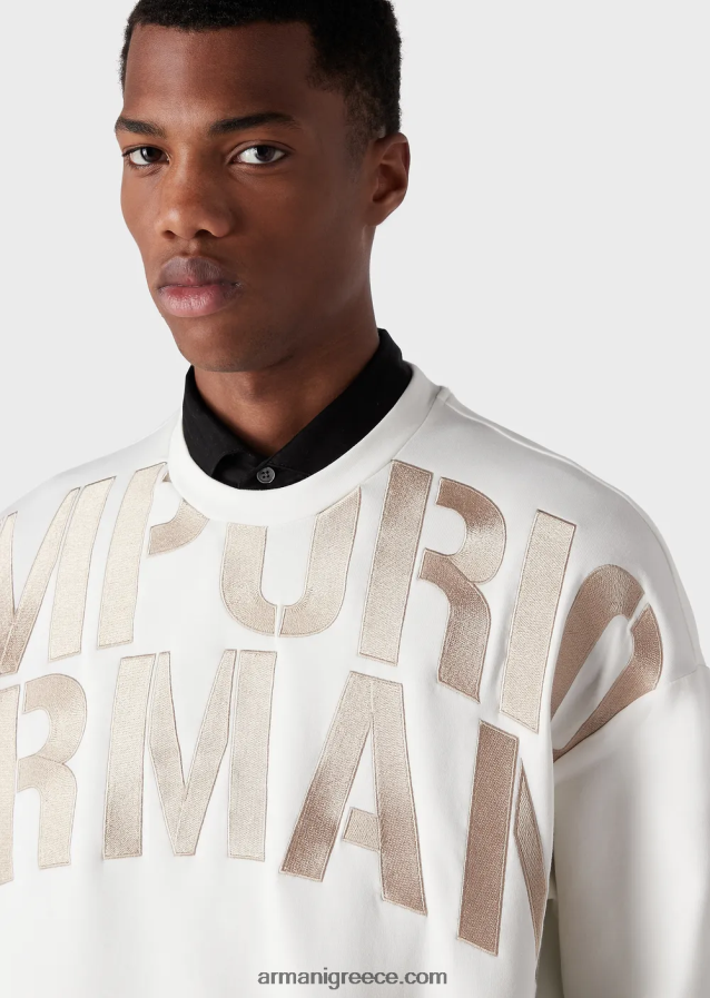 άνδρες Armani φούτερ διπλό ζέρσεϊ με μεγάλο κέντημα λογότυπου 4046R61580 άσπρο